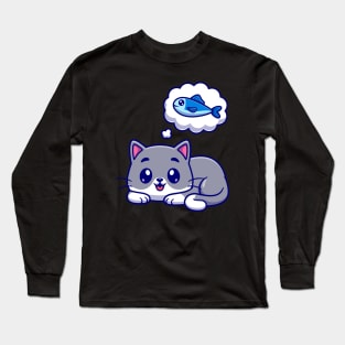 Cute Cat Thinking Fish Cartoon Long Sleeve T-Shirt